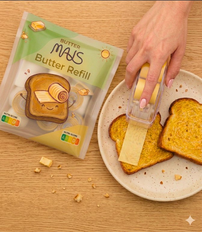Hand legt eine Butterrolle in die Buttermaus ein