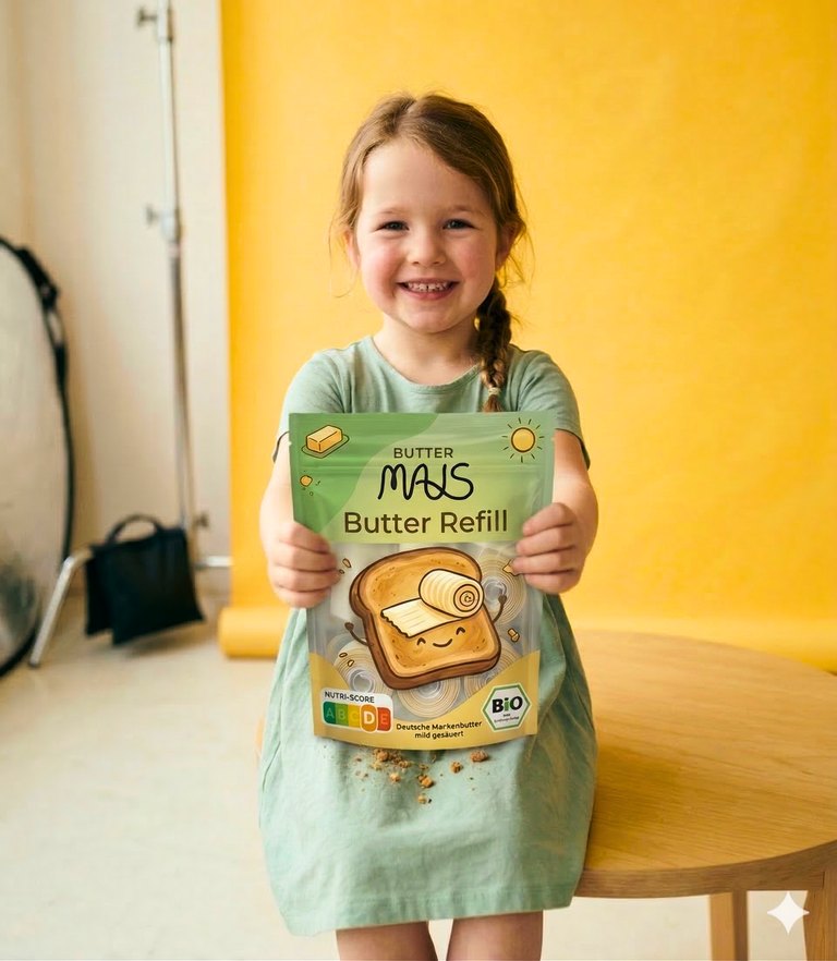 Mädchen hält eine Buttermaus Refill-Packung