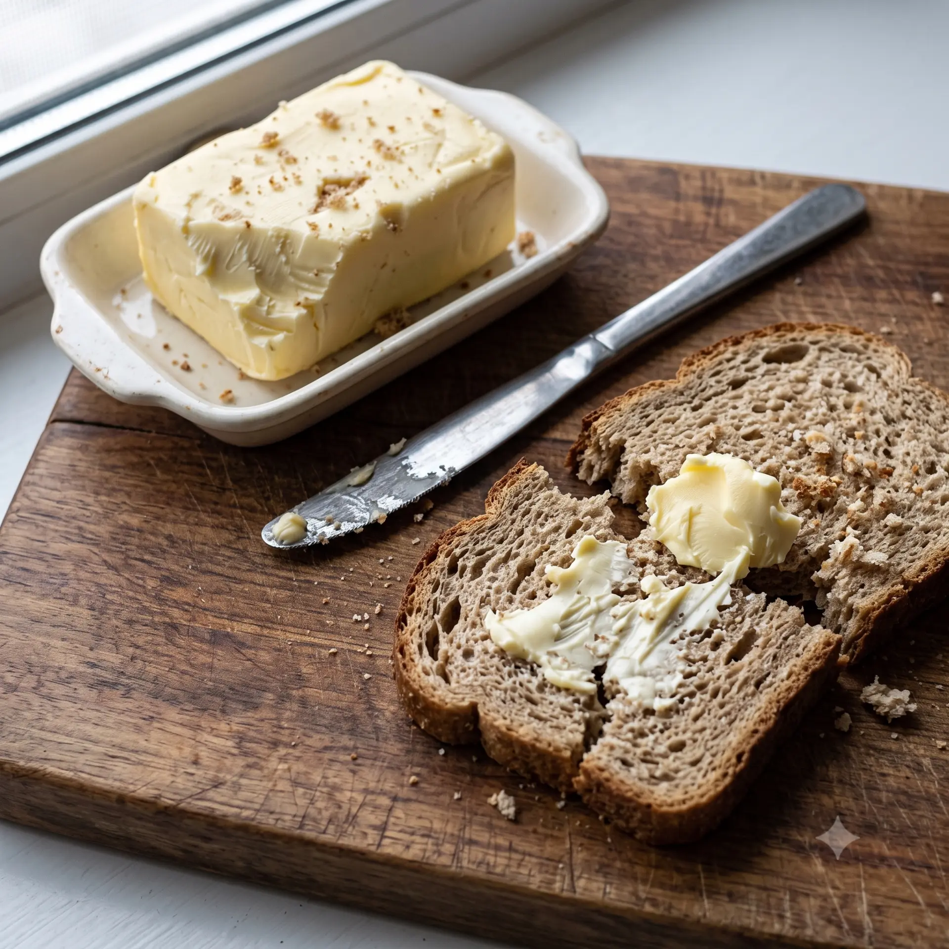 Hartes Butterstück, Messer und zerrissenes Brot auf einem Holzbrett