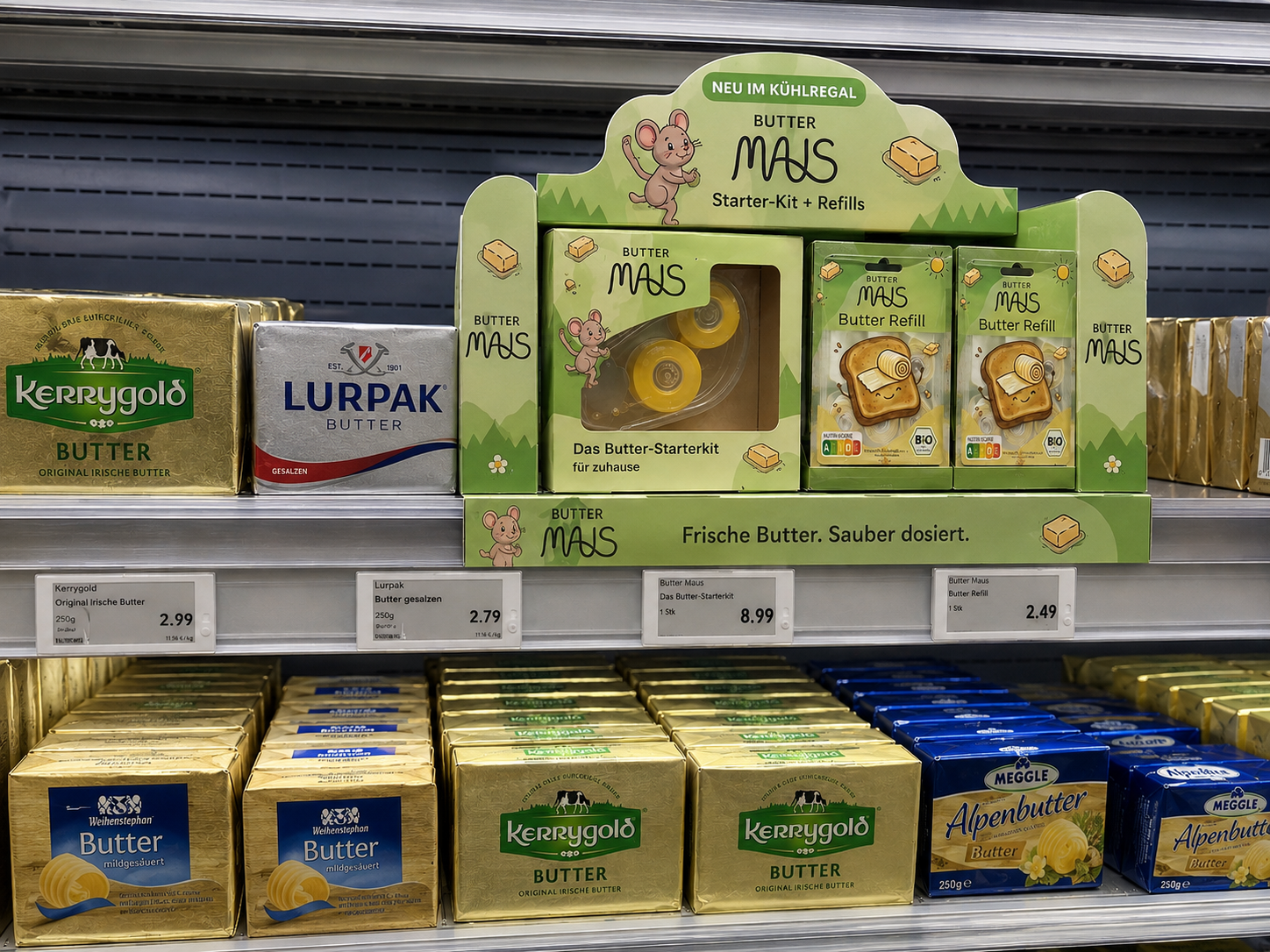 Buttermaus Starter-Kit und Refills im Supermarkt-Kühlregal neben Kerrygold, Lurpak und Weihenstephan