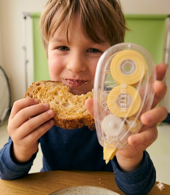 Kind hält ein frisch gebuttertes Brot