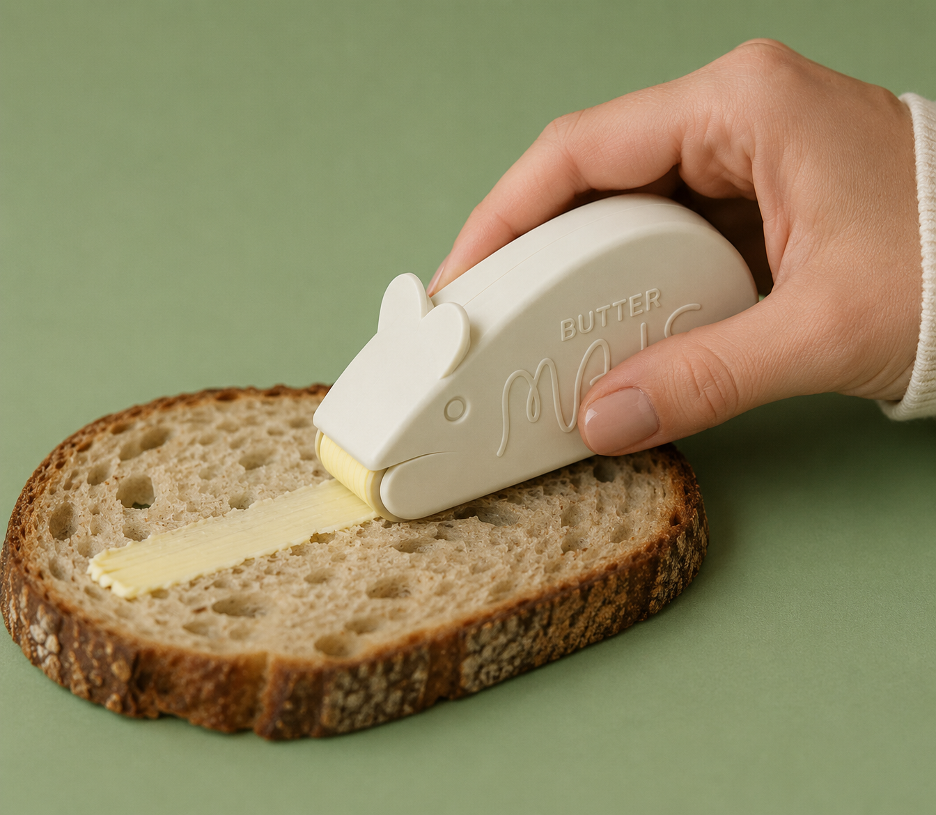 Die Buttermaus trägt einen gleichmäßigen Butterstreifen auf eine Brotscheibe auf